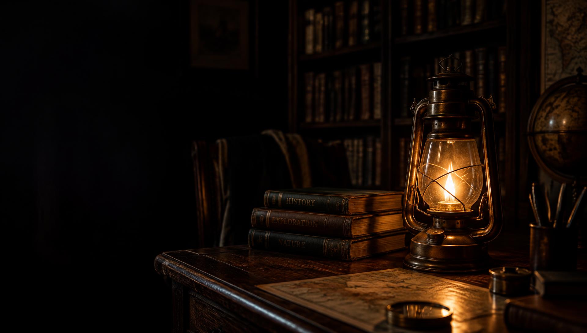 A lantern glowing beside stacked books in a dark library